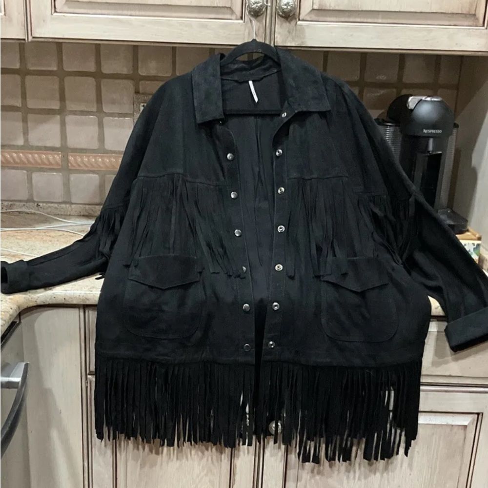 Free People The Lucky Ones Suede Jacket Fringed Studded Snap Front Black - Picture 6 of 7